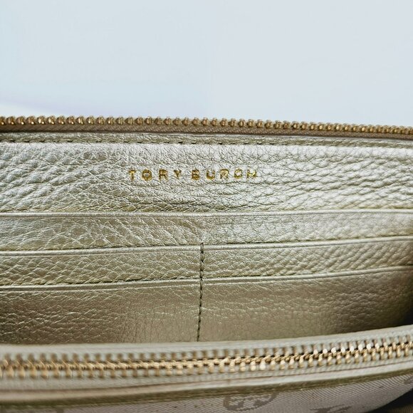 Tory Burch Wallet Thea Metallic Gold Continental Zip Around Medium Leather Logo - Picture 10 of 13
